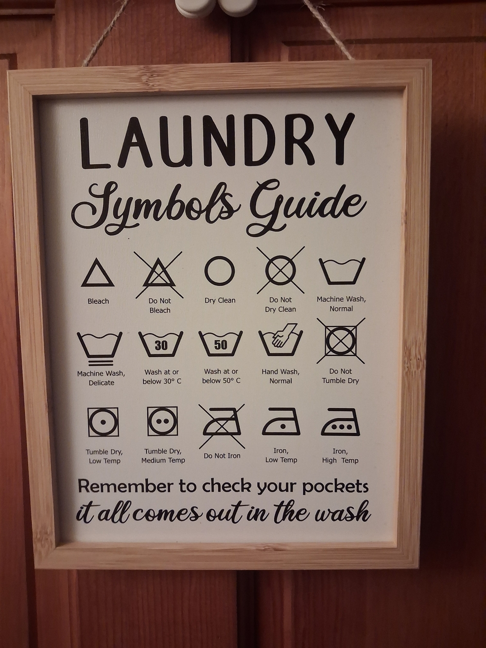 Laundry Symbols Guide Wood Framed Sign - Black & Natural
